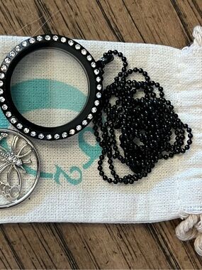 Origami Owl Black Crystal Locket Necklace with Silver Butterfly Pendent